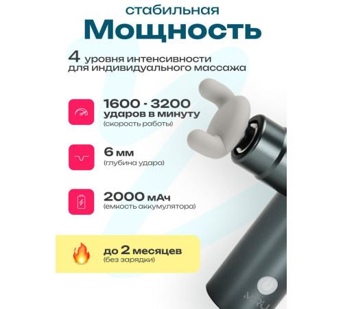 Перкуссионный массажер Miru BM-18 4 насадки, серебристый