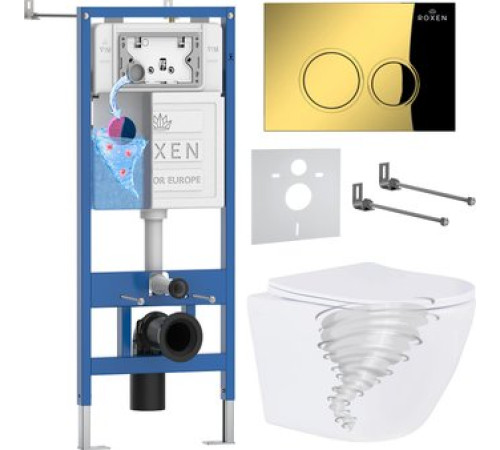 Унитаз подвесной Roxen Antares Tornado Long в комплекте с инсталляцией StounFix Dual Fresh 6 в 1 868431 кнопка: золото глянцевая