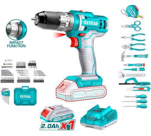 Ударная дрель-шуруповерт Total THKTHP11652 с 1-м АКБ, кейс, набор оснастки