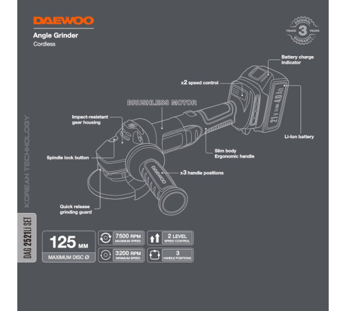 Угловая шлифмашина Daewoo Power DAG 2521Li Set с 1-им АКБ