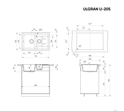 Кухонная мойка Ulgran U-205 ультра-черный