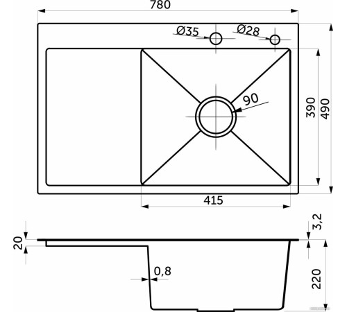 Кухонная мойка AKS Прямоугольная 78x49 правая графит
