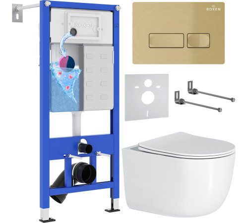 Унитаз подвесной Roxen Vortex в комплекте с инсталляцией StounFix Dual Fresh 6 в 1 968090 кнопка: брашированное золото