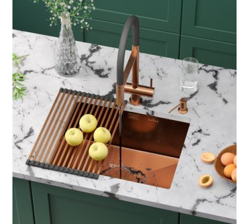 Кухонная мойка Roxen Uno 560210-54BR-V бронза/текстурная PVD покрытие с ролл-матом и дозатором