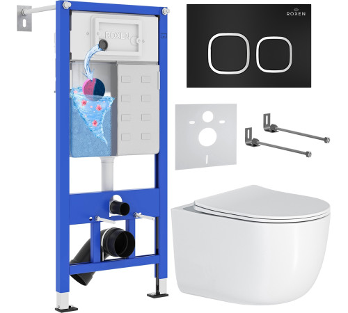 Унитаз подвесной Roxen Vortex Tornado в комплекте с инсталляцией StounFix Dual Fresh 6 в 1 964427 кнопка: черный матовый