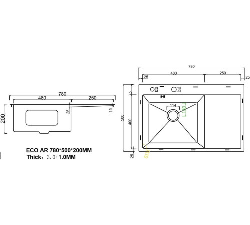 Кухонная мойка ARFEKA ECO AR 780*500 L BLACK PVD NANO