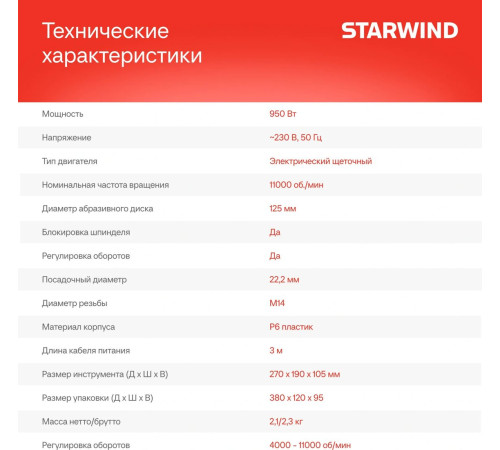 Угловая шлифмашина StarWind AG125E-950