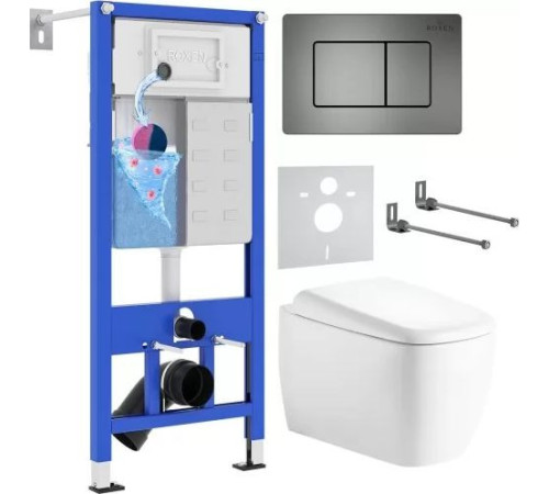 Унитаз подвесной Roxen Martin в комплекте с инсталляцией StounFix Dual Fresh 6 в 1 968521 кнопка: оружейная сталь