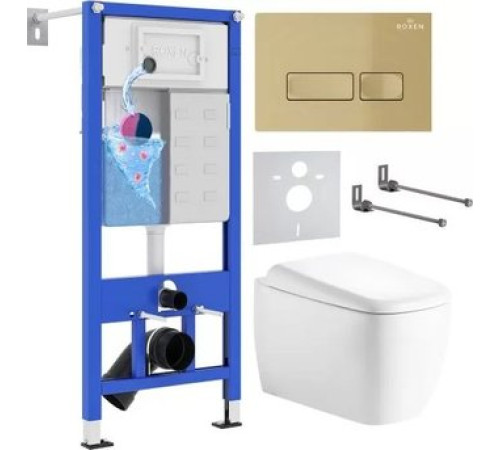 Унитаз подвесной Roxen Martin в комплекте с инсталляцией StounFix Dual Fresh 6 в 1 968506 кнопка: брашированное золото