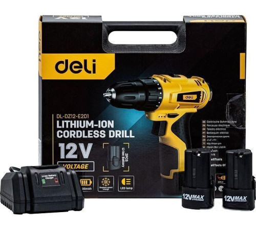 Дрель-шуруповерт Deli DL-DZ12-E2D1 102880 с 2-мя АКБ, кейс