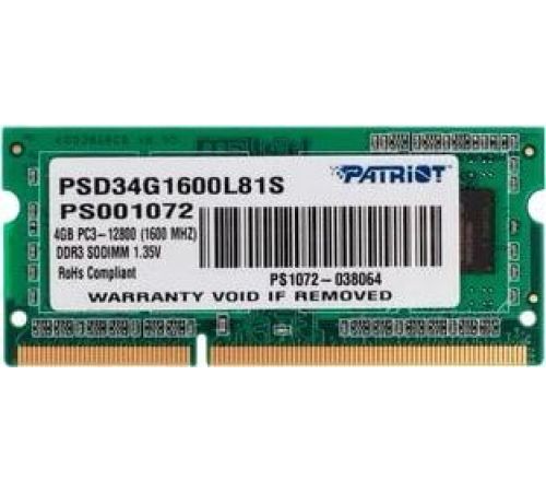 Оперативная память Patriot Memory for Ultrabook 4GB DDR3 SO-DIMM PC3-12800 PSD34G1600L81S