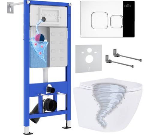 Унитаз подвесной Roxen Antares Tornado Long в комплекте с инсталляцией StounFix Dual Fresh 6 в 1 868434 кнопка: хром глянцевый глянцевая