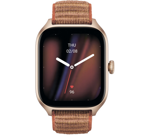 Умные часы Amazfit GTS 4 золотистый, с коричневым нейлоновым ремешком