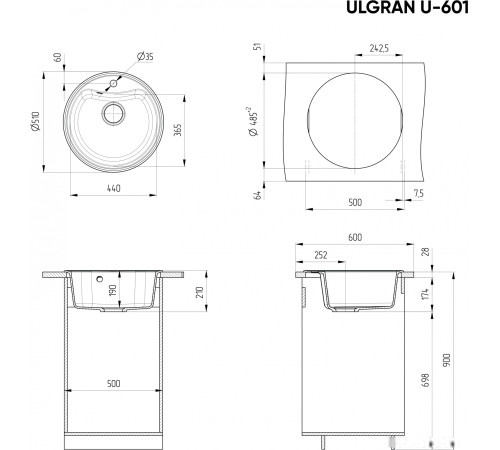 Кухонная мойка Ulgran U-601 344 ультра-черный