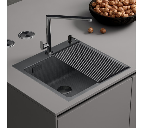 Кухонная мойка Roxen Snake 560220-45-BS PVD графит/текстурная поверхность с ролл-матом и дозатором