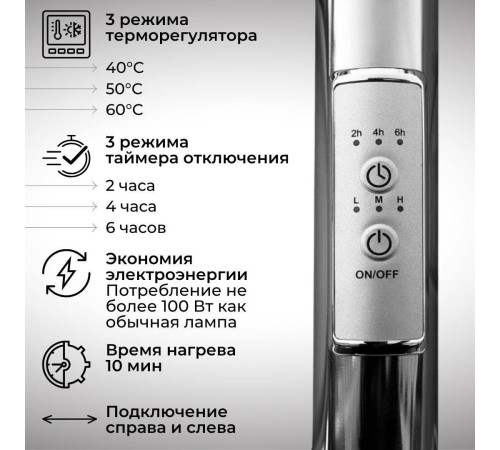 Полотенцесушитель Маргроид Ferrum Inaro СНШ Профильный 100x6x12 6 крючков, Черный матовый, скрытого монтажа, таймер справа