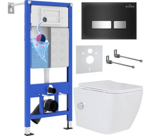 Унитаз подвесной Roxen Cube Bidet One Rimless 6 в 1 StounFix Dual Fresh 649838 чёрное стекло