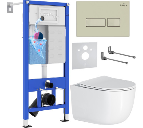 Унитаз подвесной Roxen Vortex в комплекте с инсталляцией StounFix Dual Fresh 6 в 1 966745 кнопка: бежевый