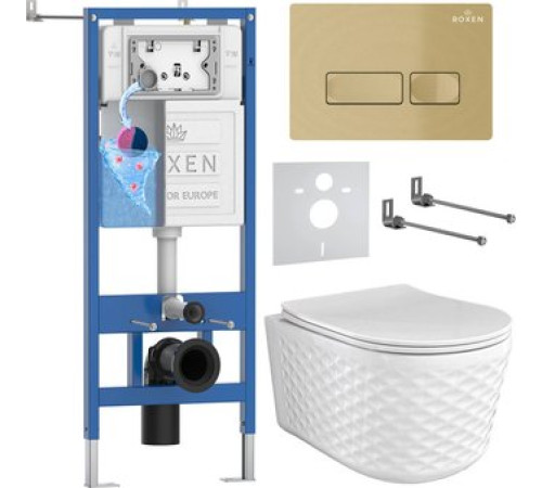 Унитаз подвесной Roxen Vine Tornado в комплекте с инсталляцией StounFix Dual Fresh 6 в 1 979006 кнопка: брашированное золото