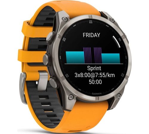 Умные часы Garmin Fenix 8 Sapphire, Titanium 47мм светло-серый, оранжевый силиконовый ремешок