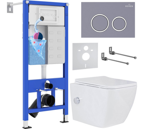 Унитаз подвесной Roxen Cube bidet в комплекте с инсталляцией StounFix Dual Fresh 6 в 1 966127 кнопка: серый бетон