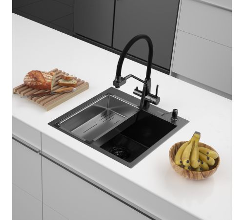 Кухонная мойка ARFEKA Eco AR мойка 500*500, коландер G, дозатор Black Decor Volcanic