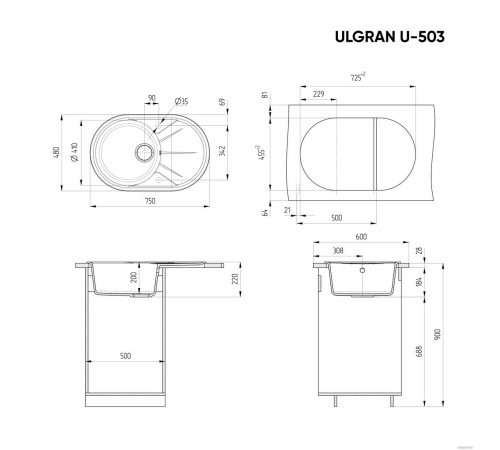 Кухонная мойка Ulgran U-503 ультра-черный