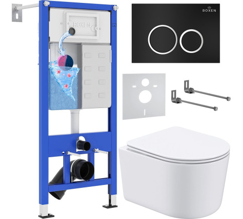 Унитаз подвесной Roxen Simple Compact в комплекте с инсталляцией StounFix Dual Fresh 6 в 1 911522 кнопка: черный матовый
