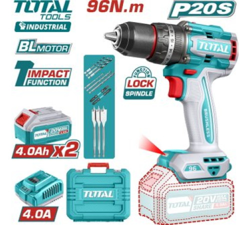 Ударная дрель-шуруповерт Total TIDLI20968 с 2-мя АКБ, кейс