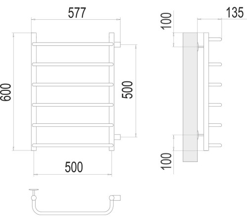 Полотенцесушитель TERMINUS Стандарт П6 500x600 с боковым подключением 50, RAL 9005 матовый