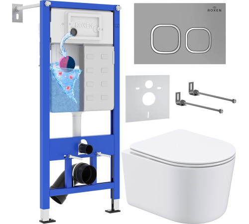 Унитаз подвесной Roxen Simple Compact в комплекте с инсталляцией StounFix Dual Fresh 6 в 1 919136 кнопка: хром матовый