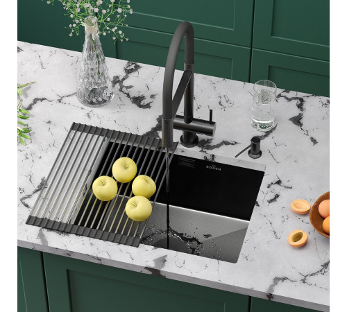 Кухонная мойка Roxen Uno 560210-54B-GR графит/текстурная PVD покрытие с ролл-матом и дозатором