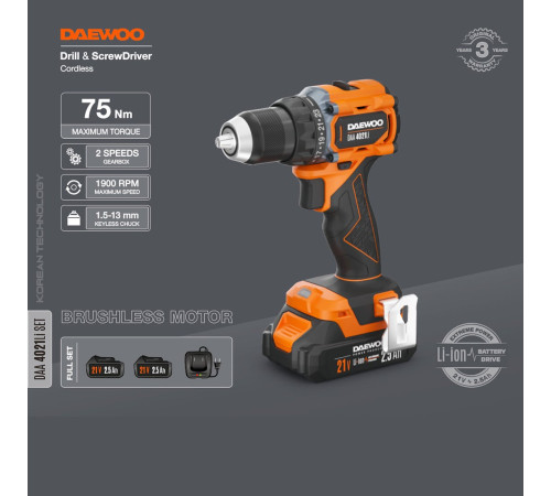Дрель-шуруповерт Daewoo Power DAA 4021Li Set с 2-мя АКБ, кейс