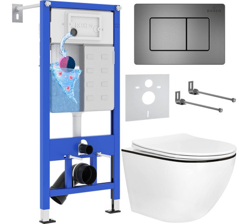 Унитаз подвесной Roxen Antares Black в комплекте с инсталляцией StounFix Dual Fresh 6 в 1 964862 кнопка: оружейная сталь