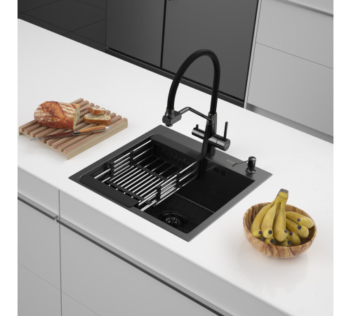 Кухонная мойка ARFEKA ECO AR мойка 500*500, коландер, дозатор BLACK DECOR MILLET GRAINS