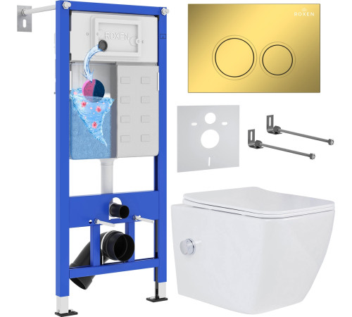 Унитаз подвесной Roxen Cube bidet в комплекте с инсталляцией StounFix Dual Fresh 6 в 1 968094 кнопка: золото глянцевое