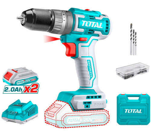 Ударная дрель-шуруповерт Total TIDLI20508 с 2-мя АКБ, кейс, набор оснастки