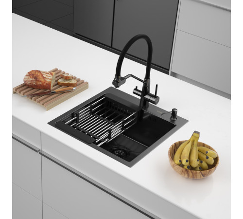 Кухонная мойка ARFEKA ECO AR мойка 500*500, коландер, дозатор BLACK DECOR VOLCANIC ROCK