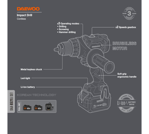 Ударная дрель-шуруповерт Daewoo Power DAA 6521Li Set с 2-мя АКБ, кейс