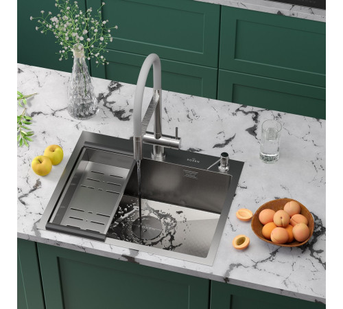 Кухонная мойка Roxen Simple 560220-60-GR сатин/текстурная с коландером и дозатором