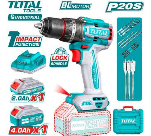 Ударная дрель-шуруповерт Total TIDLI20868 с 2-мя АКБ, кейс