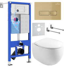 Унитаз подвесной Roxen Egg в комплекте с инсталляцией StounFix Dual Fresh 6 в 1 968085 кнопка: брашированное золото