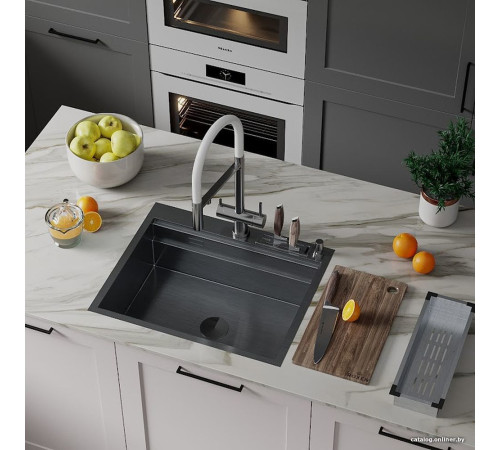 Кухонная мойка Roxen Stage 560250-60B PVD графит c держателем для ножей, двумя коландерами, разделочной доской и дозатором