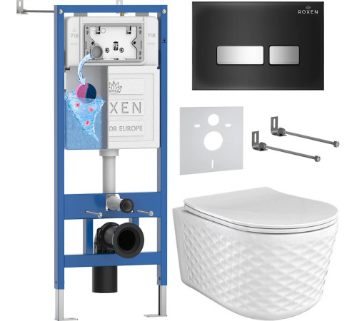 Унитаз подвесной Roxen Vine Tornado в комплекте с инсталляцией StounFix Dual Fresh 6 в 1 979025 кнопка: черный глянцевый