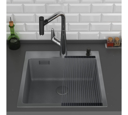 Кухонная мойка Roxen Snake 560220-45-BS PVD графит/текстурная поверхность с ролл-матом и дозатором