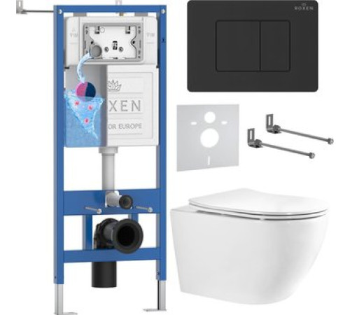 Унитаз подвесной Roxen Antares Tornado Long в комплекте с инсталляцией StounFix Dual Fresh 6 в 1 868452 кнопка: черный глянцевая