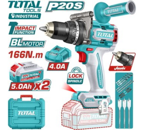 Ударная дрель-шуруповерт Total TIDLI201668 с 2-мя АКБ, кейс