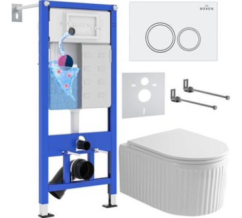 Унитаз подвесной Roxen Royal Matt в комплекте с инсталляцией StounFix Dual Fresh 6 в 1 968230 кнопка: белый