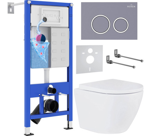 Унитаз подвесной Roxen Antares 530185-02 в комплекте с инсталляцией StounFix Dual Fresh 6 в 1 966055 кнопка: серый бетон