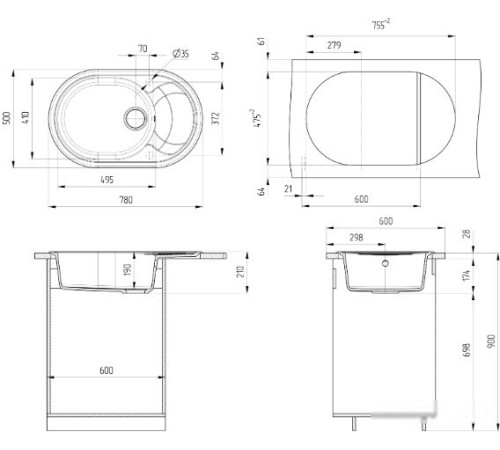 Кухонная мойка Ulgran U-610 344 ультра-черный